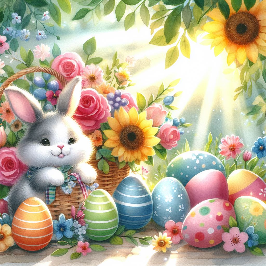 A cute easter bunny image with easter eggs in a garden
